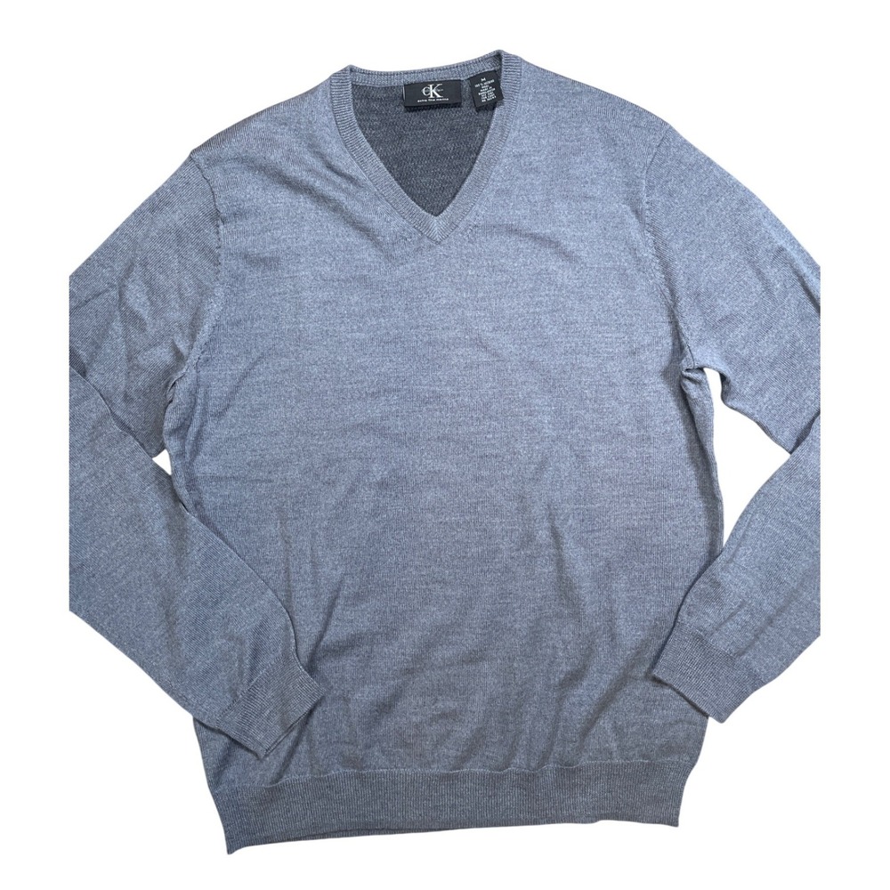 Calvin Klein 100% Merino Wool Mens Gray V‎ Neck Long Sleeve Sweater Size Medium